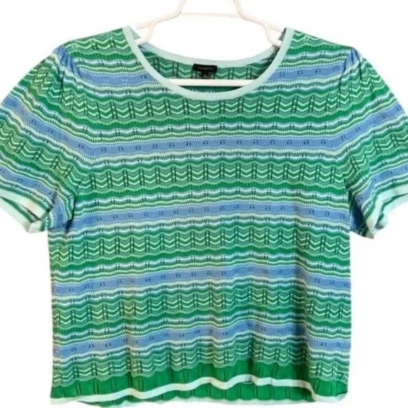 Talbots Open Flame Stitch Green Blue Striped Knit Short Sleeve Top - Picture 3 of 5